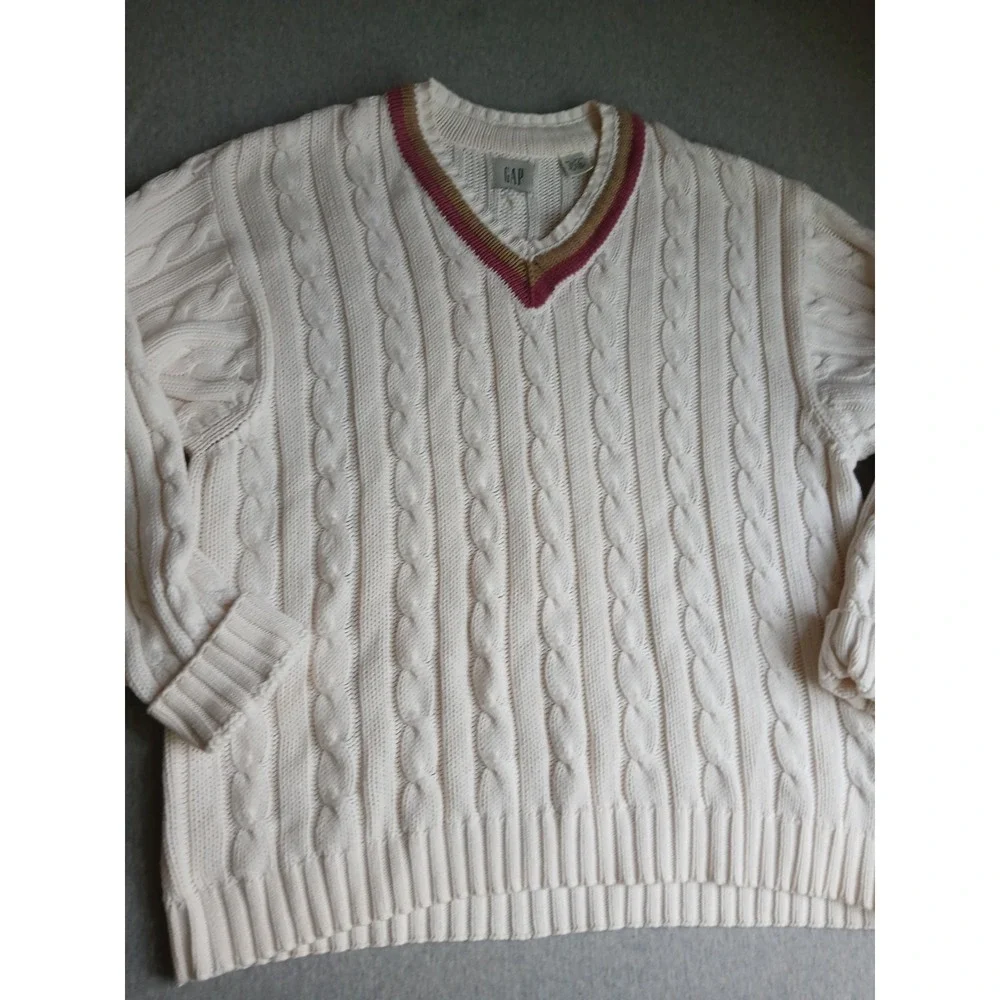 Vintage Gap Sweater Large Tennis Prep Cable Knit V Neck Preppy Wimbleton 90s - Picture 2 of 15